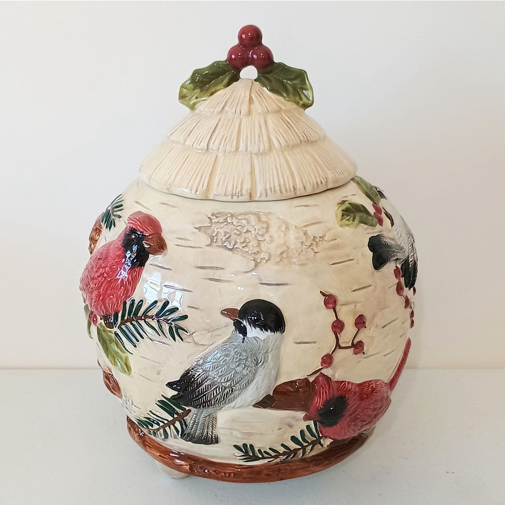 Sonoma Home Goods 3D Birds Ceramic Cookie Jar Cardinal Chickadee Berries